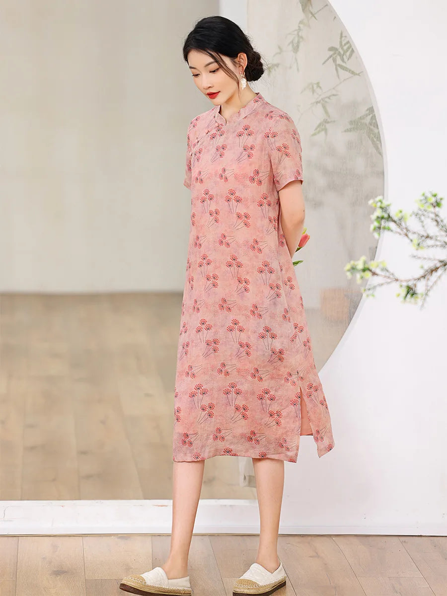 Elegant Floral Vintage Ramie Cheongsam Dress for Women