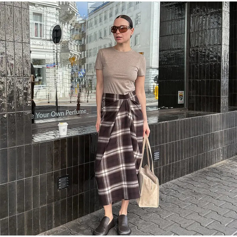Women Checked Midi Skirt Fashion Casual Pleated Irregular High Waist Slim Mid-length Bottom Lady Daily New Commute Street Skirts