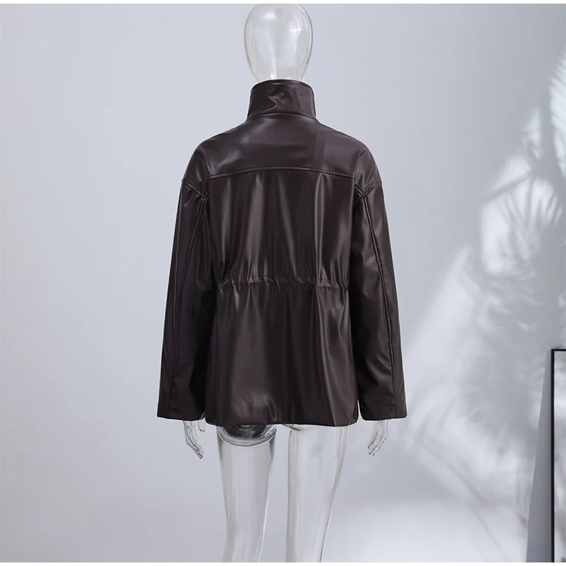 Vintage Cinched Waist Zipper Faux Leather Jacket for Women
