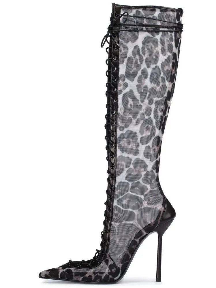 Lace Up Knee High Heeled Boots With Side Zipper for Women