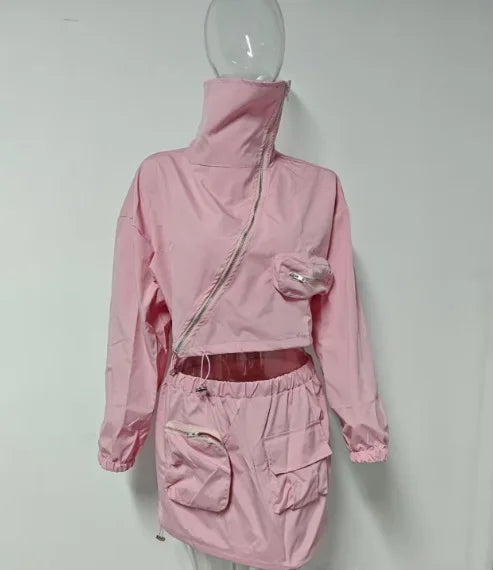 Fashion Style Two Piece Women Sets Outfit Streetwear  Summer 2025  Long Sleeve Zipper Tops and Midi Mini Skirts Suit Female