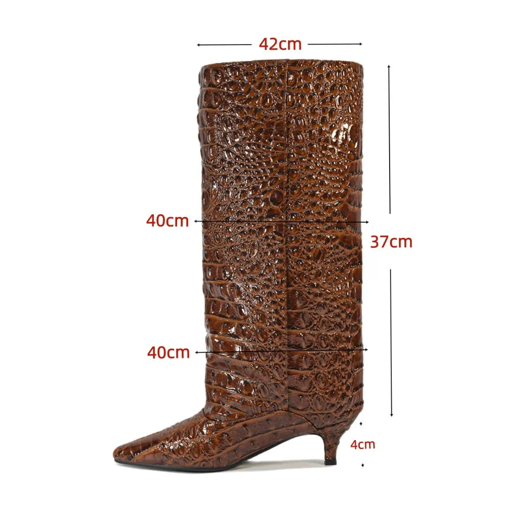 Crocodile Print Wide Shaft Kitten Heel Knee High Boots for Women