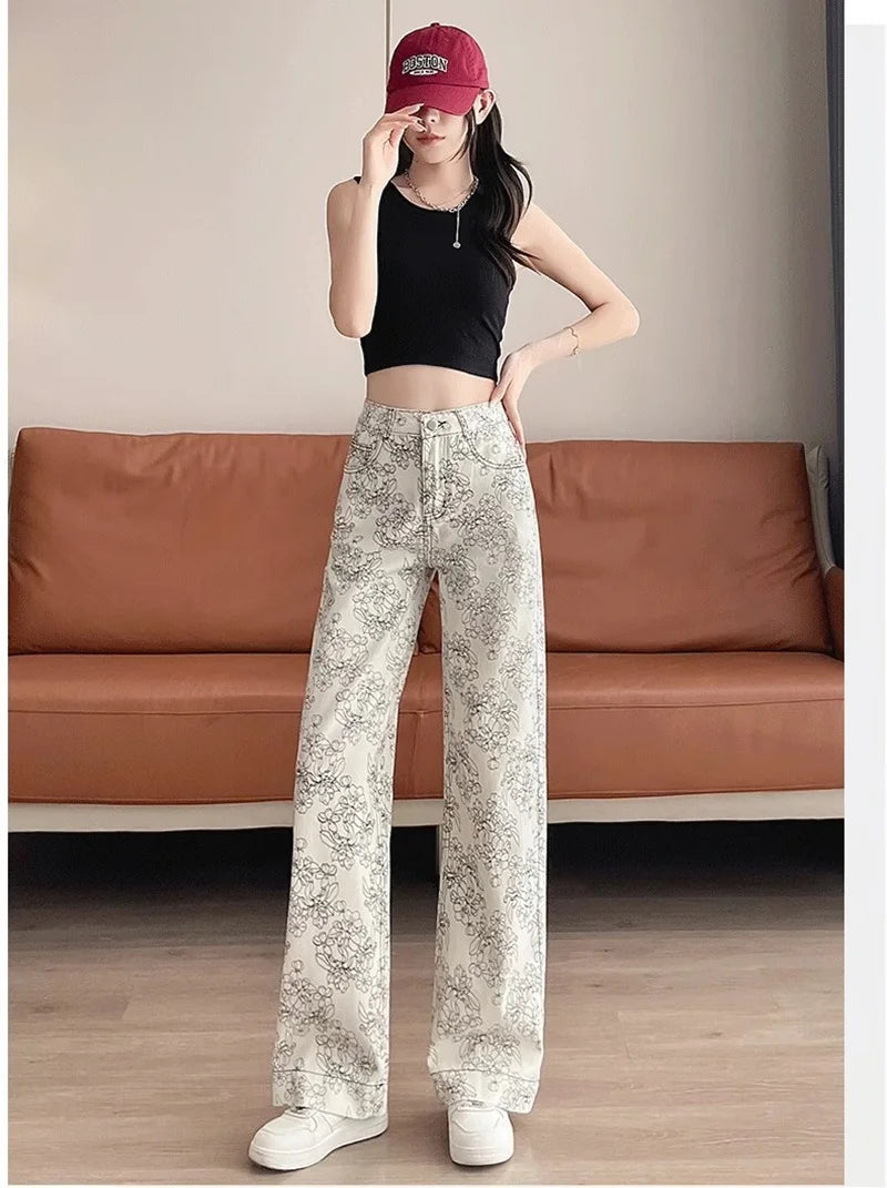 High Rise Wide Leg Printed Denim Pants For Women