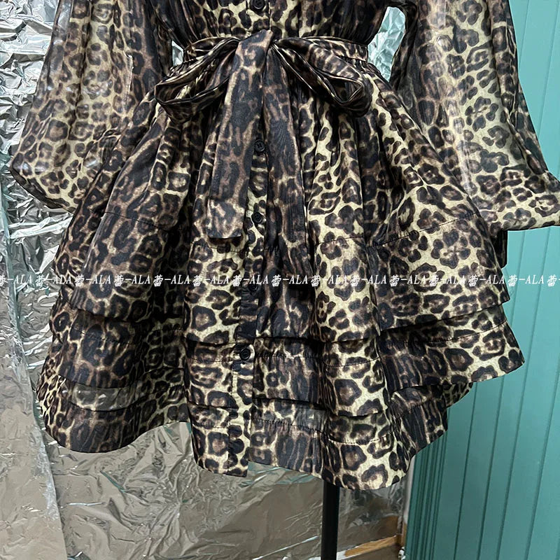 Spring Popular Retro Classic Leopard Pattern Single-Breasted Lantern Sleeve Shirt Layered Dress Puffy Cinched Short Dress Female