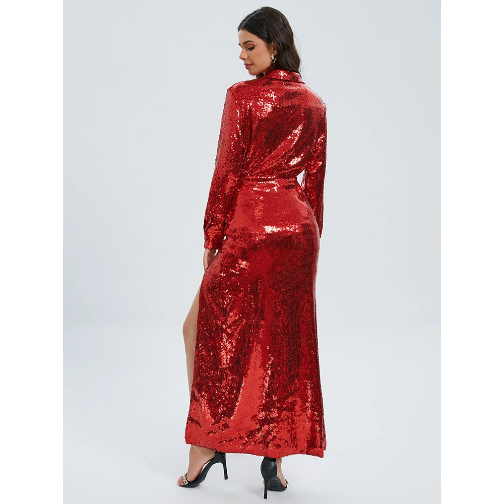 New Style Women Celebrity Lapel Fashion Sequined Long-sleeved Top Slim Sexy Slit Skirt Two-piece Elegant Urban Women's Wear
