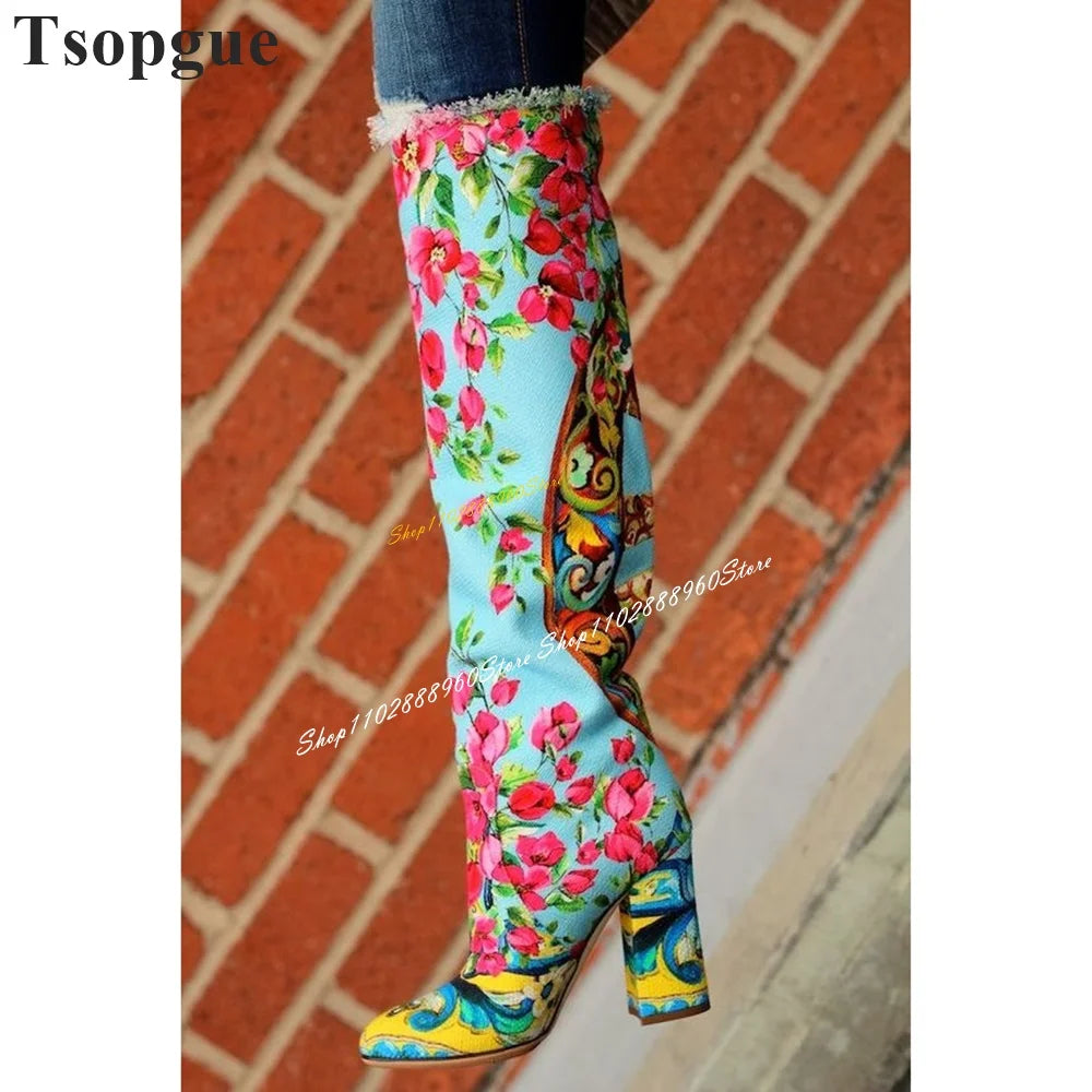 Knee High Trendy Mixed Color Floral Boots Chunky High Heel Shoes For Women Slip On Round Toe 2024 Fashion Zapatos Para Mujere