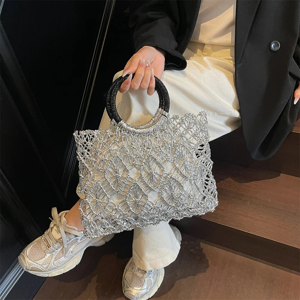 Eco Friendly Woven Round Handle Hollow Out Craft Paper Handbag for Women