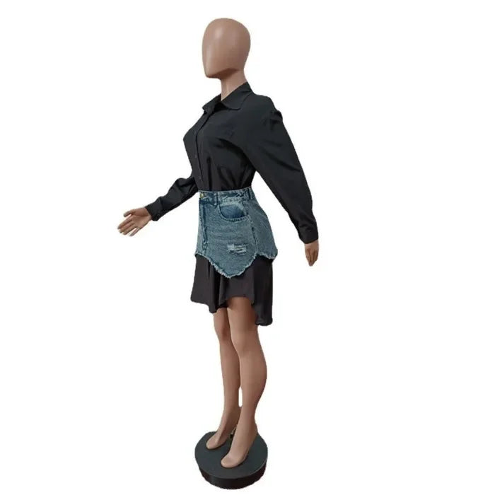 Denim Skirt Set Women Streetwear Fashion Long Sleeve Shirt Turn Down Collar Asymmetric Dress Casual Slim Dresses 2025 Spring