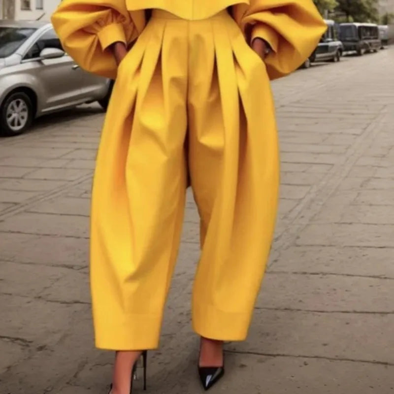 Beautyblue Elegant Women's Coats&Pants Yellow Pant Sets New Casual Buttoned Pleated Lapel Blazer Blouses Pockets Trousers Female