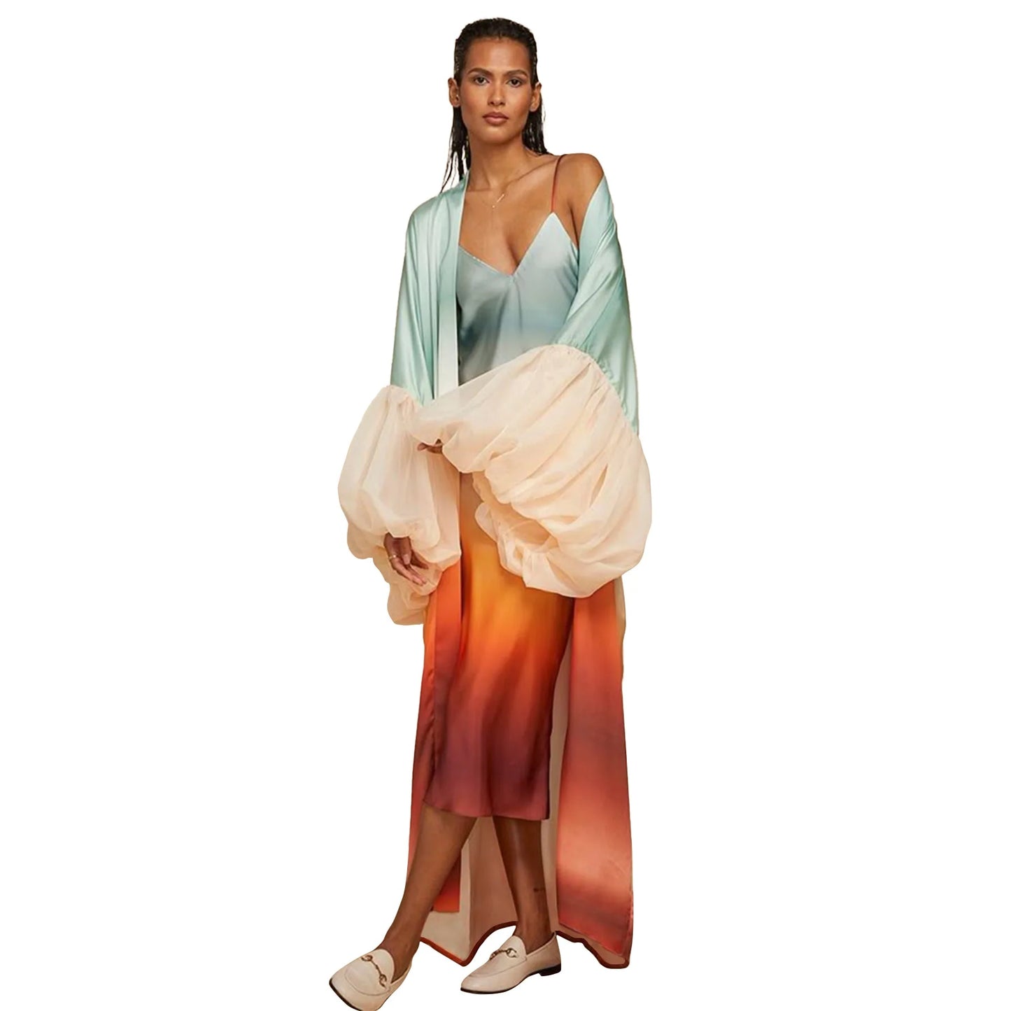 Vintage Floral Printed Chiffon Long Cardigan With Ruffle Sleeves for Women