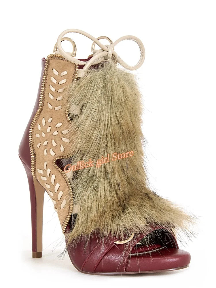 Faux Fur Open Toe Knee High Sandal Boots for Women
