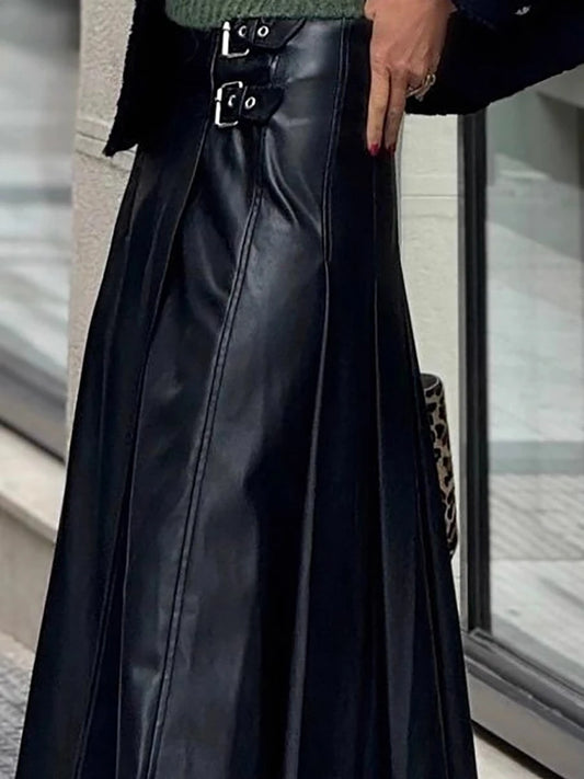 PU High Waist Pleated Women's Long Skirt Fashion Temperament Black Commuting Skirt New 2025 Street Decoration Autumn Half Skirt