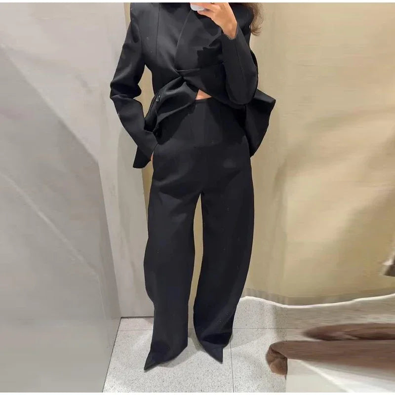 Women's Pant Set Office Elegant V-neck Full Sleeve Blazers High Waist Straight Pants Female Sets 2026 New Winter Woman Outfits