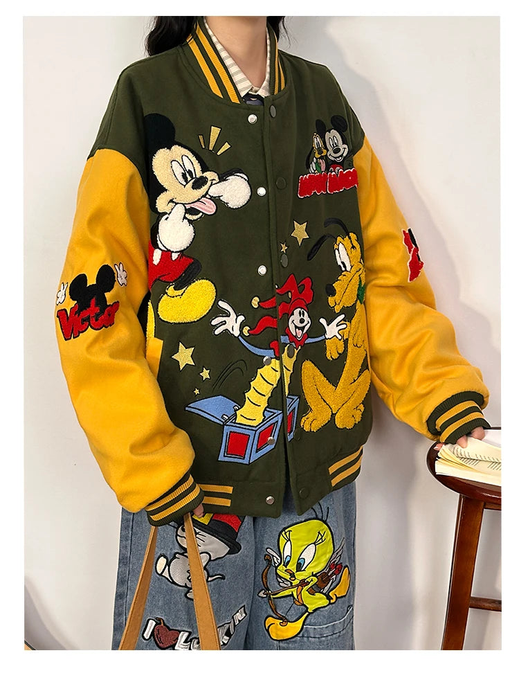 American Retro Cartoon Embroidery Thickened Cotton Baseball Jacket for Women Loose Cotton Coat for Autumn and Winter 2025 New
