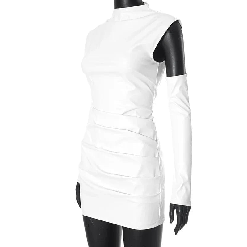 White PU Leather Bodycon Mini Dress for Women Elegant Sexy Turtleneck Sleeveless Party Dresses Spring Fashion Casual Dress 2025