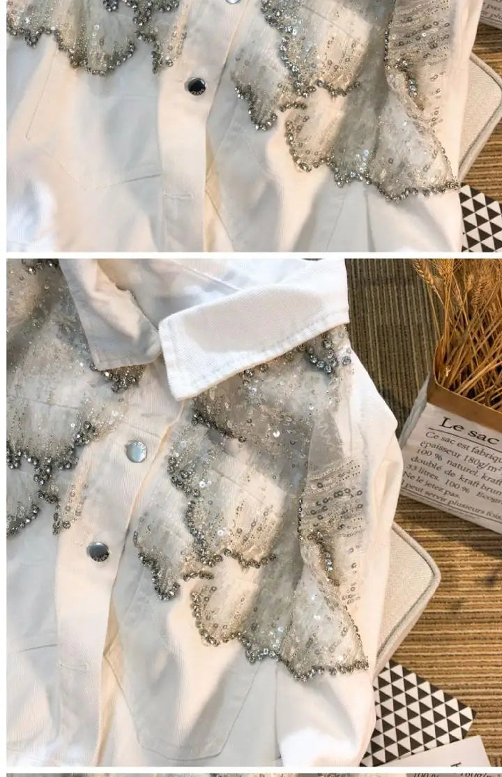 Mesh Sequined Denim Jacket for Women, Loose Coat and Stylish Top Trend for Spring 2025
