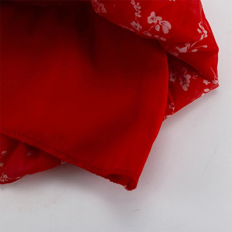 Red Print Butterfly Sleeve Hollow Out Skirt Set for Women