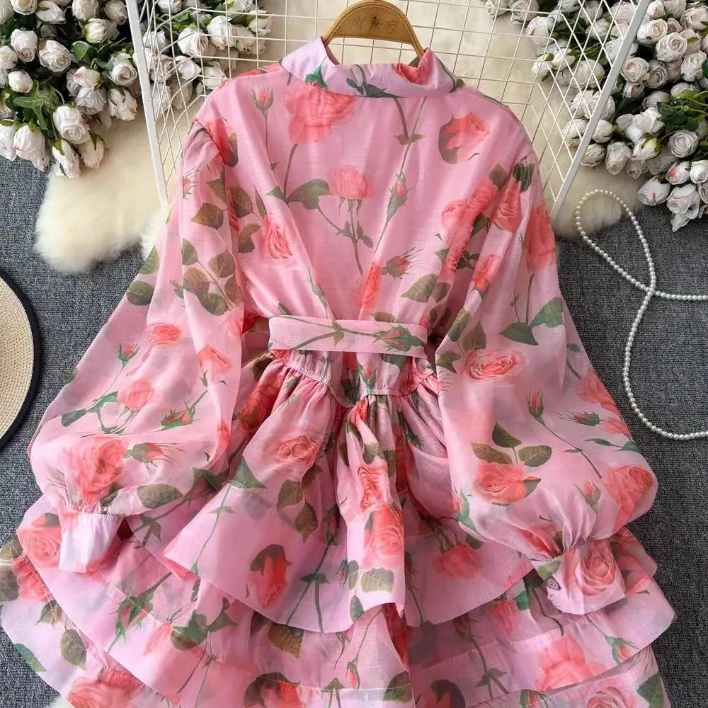 Women Lantern Sleeve Floral Print Lace Up Belt Summer Ball Gown Cute Dress Holiday Gorgeous Flower Ruffles Layer Cake Mini Dress