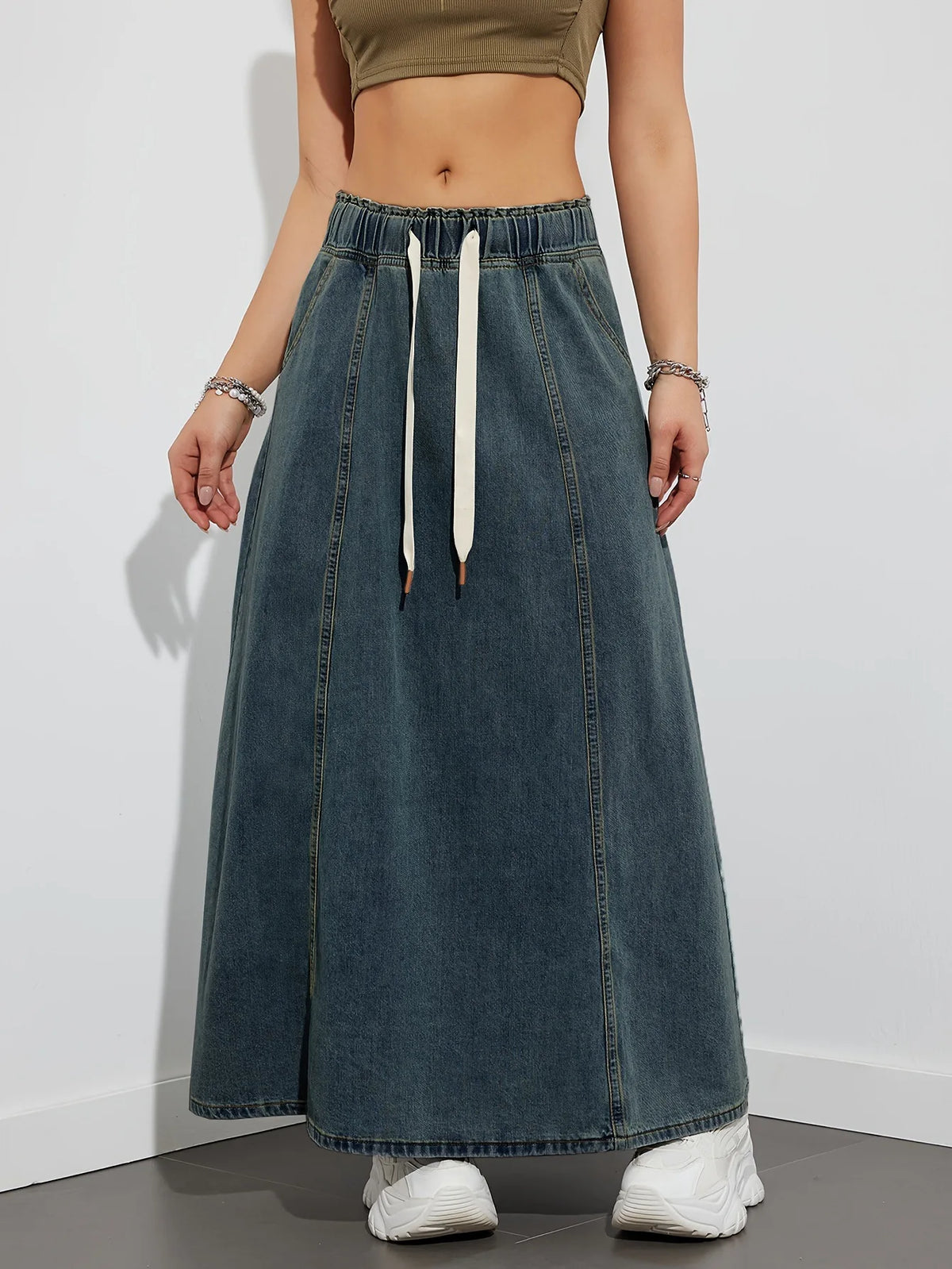 Elastic Waist Lace Up Loose Casual Denim Maxi Skirt for Women
