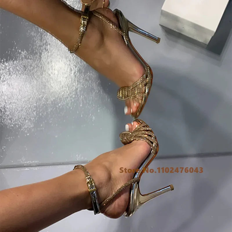 Women Sandals Sexy High Heels Peep Toe Rhinestones Summer New Brown Crystal Buckle Strap Stiletto Heel Party Dress Sandals
