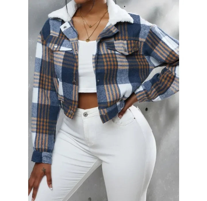 Elegant Women Jacket 2024 Autumn and Winter New Fashionable and Versatile Checkered Long Sleeved Short Top Coats Streetwear