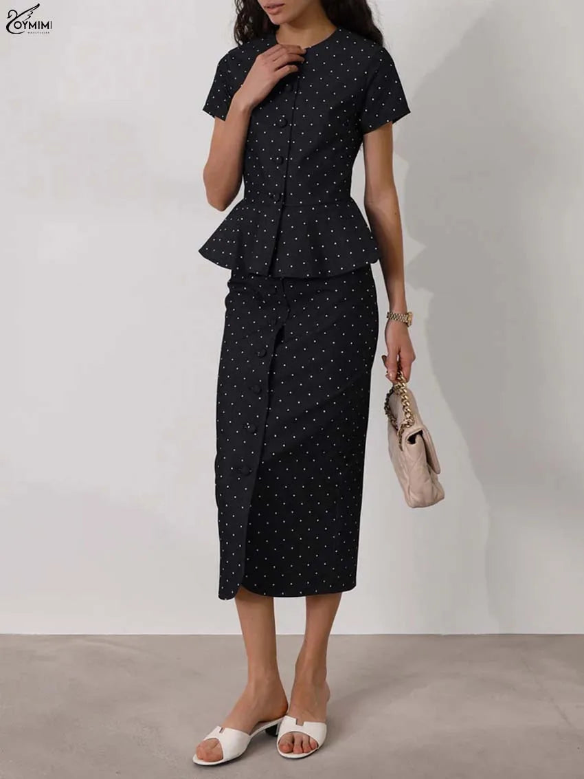 Oymimi Fashion Black Print Two Piece Outfits Woman Elegant Short Sleeve Button Blouses And High Waisted Slim Mid-Calf Skirt Sets