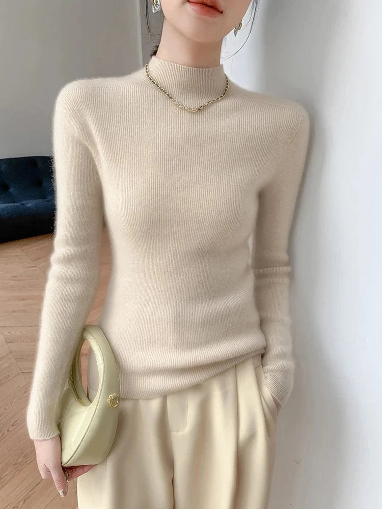 Women 100% Cashmere Sweater Mock Neck Pullover Autumn Winter Slim Basic Cashmere Knitwear Soft Warm High Strecth Pullover Tops