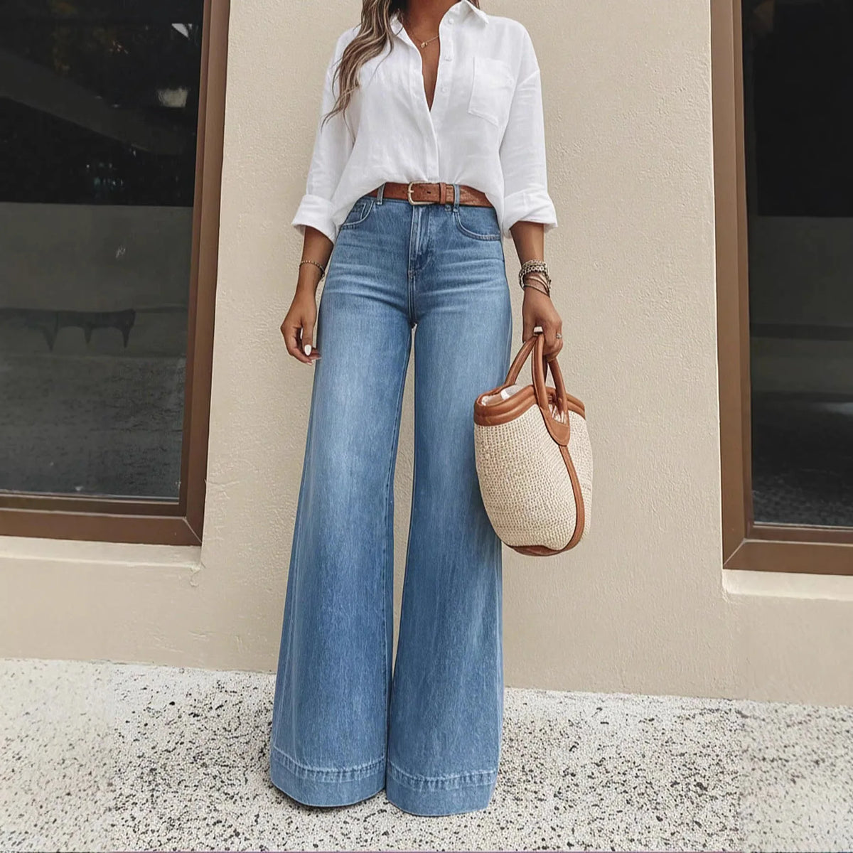 Distressed High Waist Wide Leg Jeans