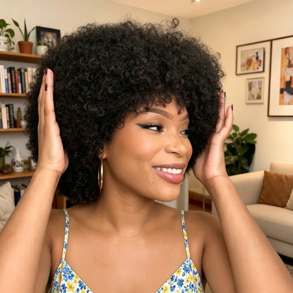 Natural Black Short Afro Kinky Curly Remy Human Hair Wig for Women
