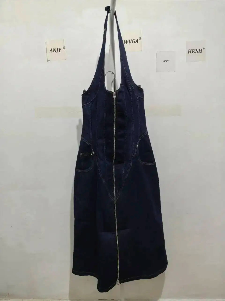 ANJY Summer New Women's Tide High Street Y2K Chic Trendy Sleeveless Halter Neck Backless Waist Cinching Zipper Denim Dress A8053