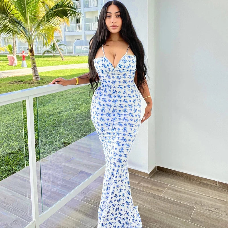Sleeveless Floral Print Lace Up Backless Maxi Dress for Women