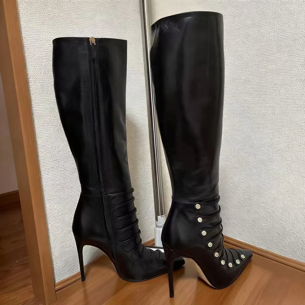 Black Leather Studded Pointed Toe Knee High Boots For Women
