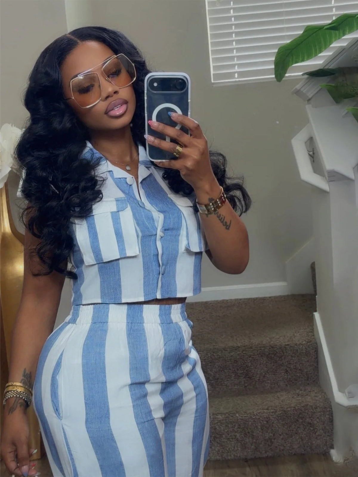 Striped Crop Top and Wide Leg Pants Two Piece Set for Women