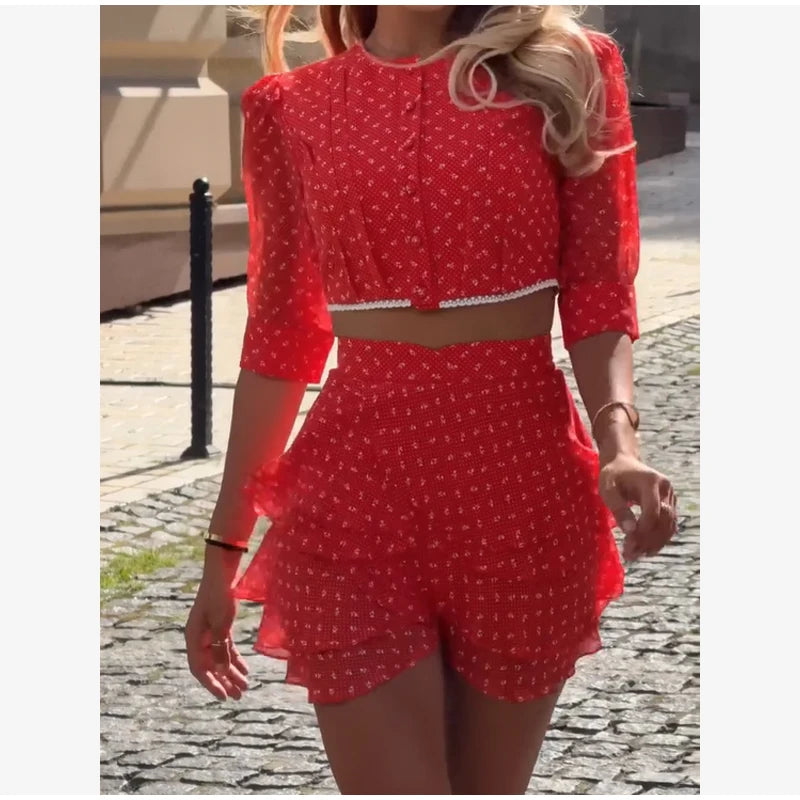 Floral Puff Sleeve Top and Mini Skirt Set for Women