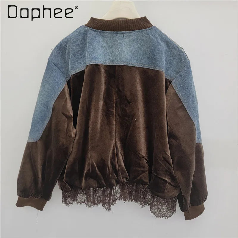 Casual Relaxed Fit Velvet Baseball Jacket for Women