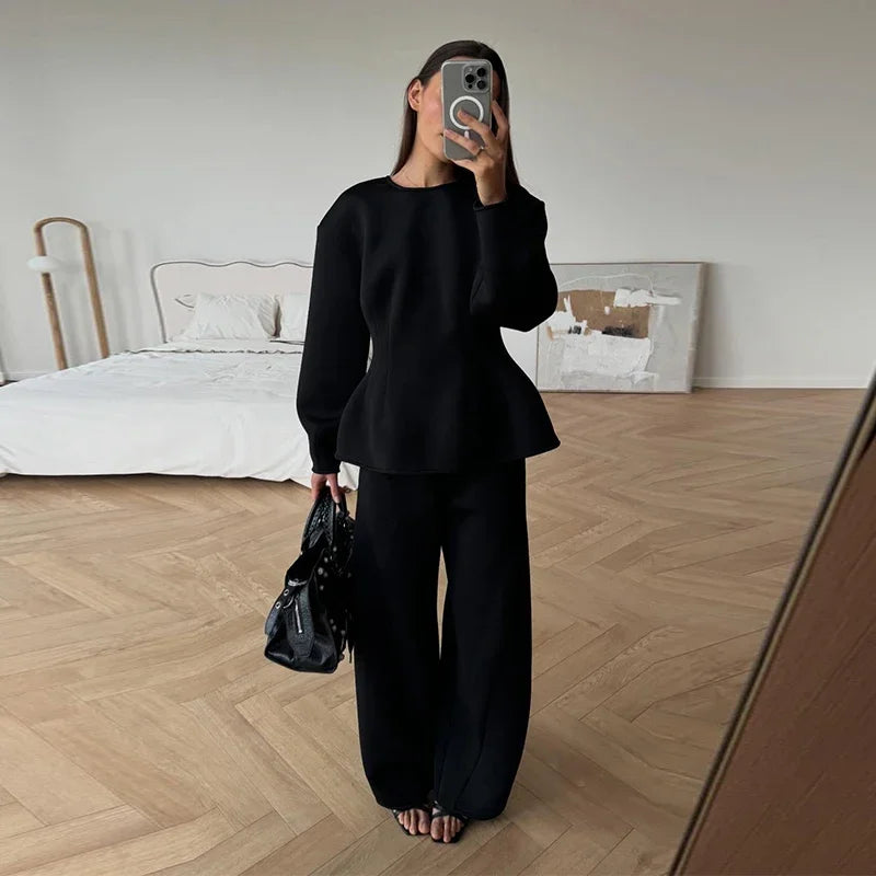 Spring Chic O-Neck Pleated Loose-Fit Two-Piece Set for Women