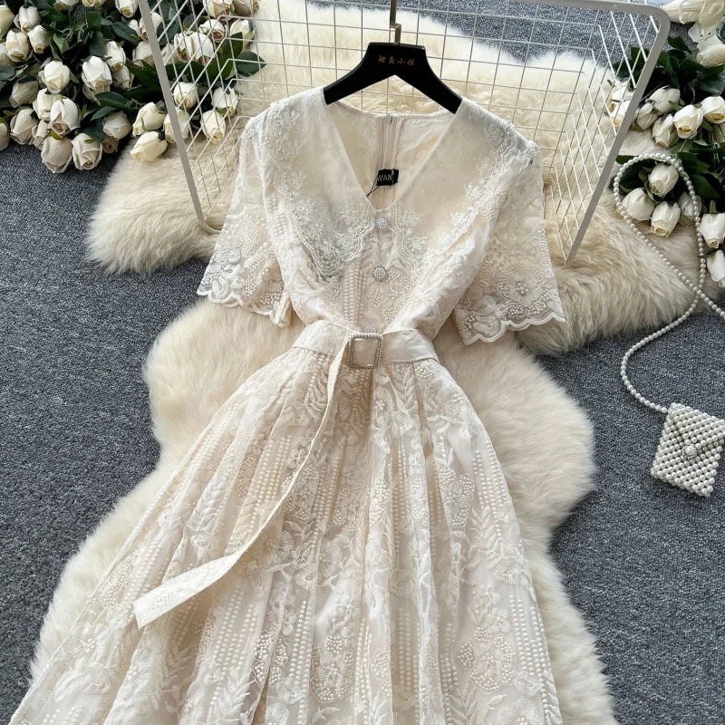 Elegant Lace Embroidery A Line Midi Dress for Women