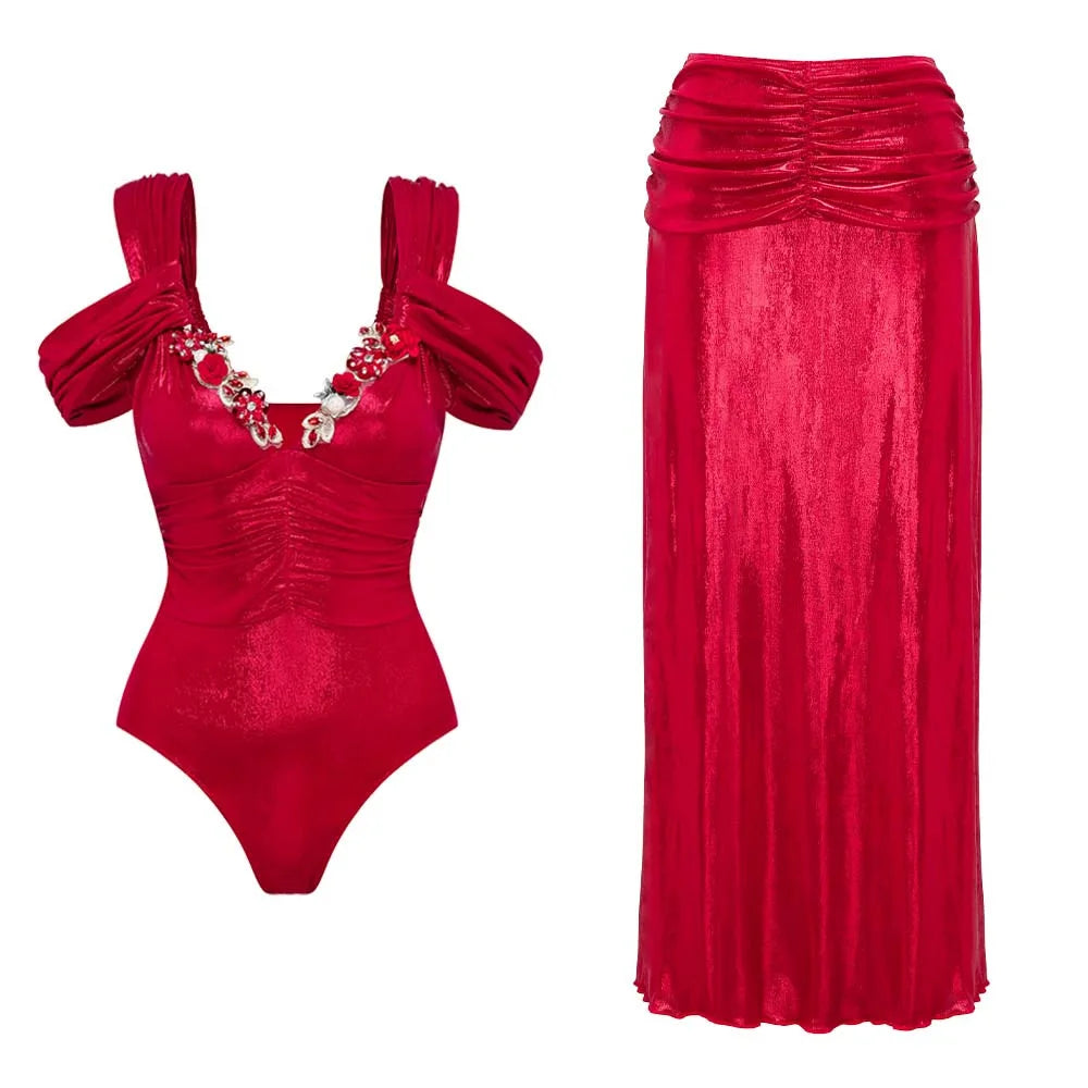 CM.YAYA Women Swimwears Butterfly Beach Strapless Swimsuit + Long Skirt Holiday Summer Two 2pcs Set Bikinis Set Bathing Suit