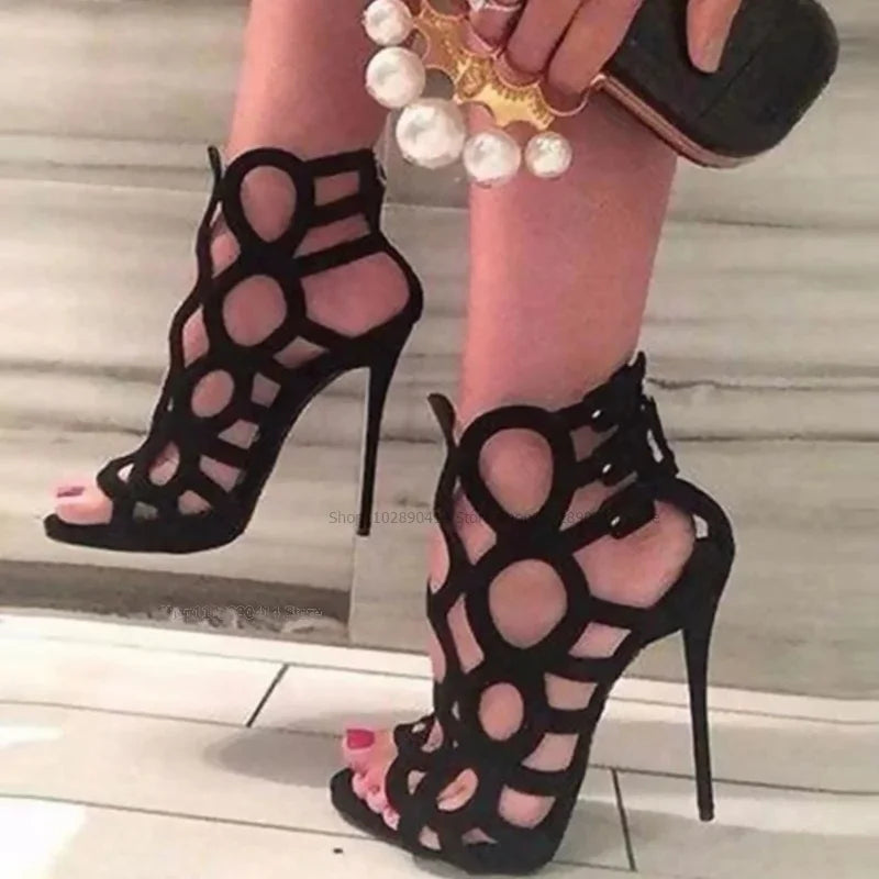 Blue Open Toe Hollow Back Zipper Stiletto Sandals for Women