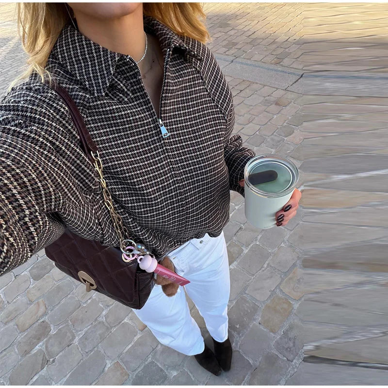 Vintage Plaid Women 's Jacket Elegant Lapel Patchwork Full Sleeve Zipper Cropped Jackets Lady 2026 Woman Spring Coats Outwears