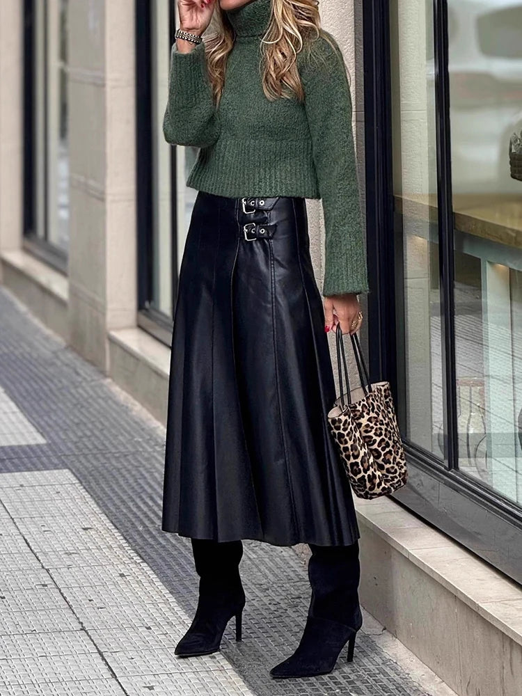 High Waist Lace-Up Faux Leather Midi Skirt for Women