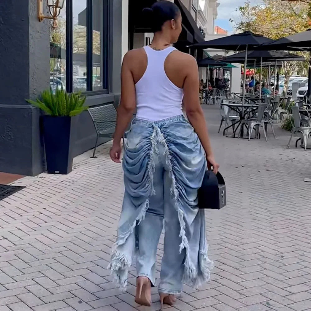 Washed Patchwork Denim Straight Pleated Pants For Women