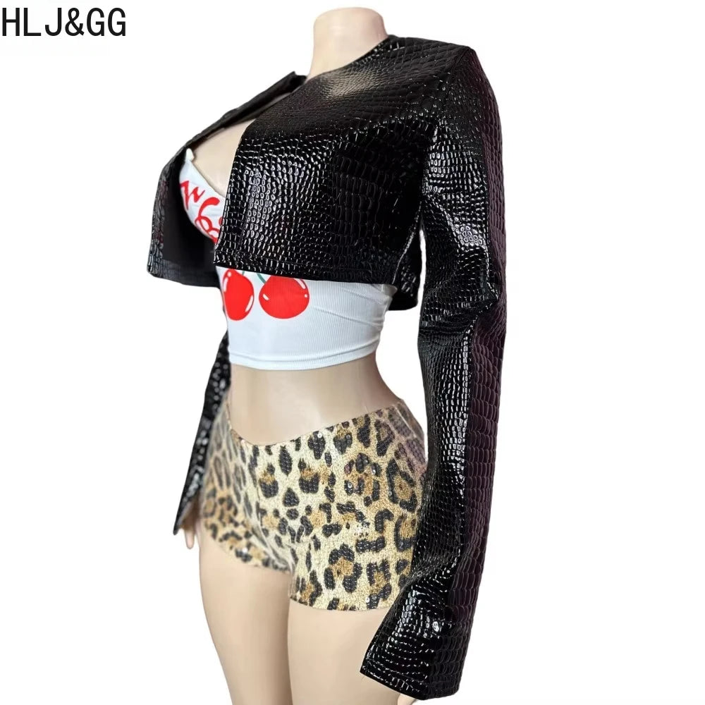 Chic Leopard Print Sequin Three Piece Set for Women