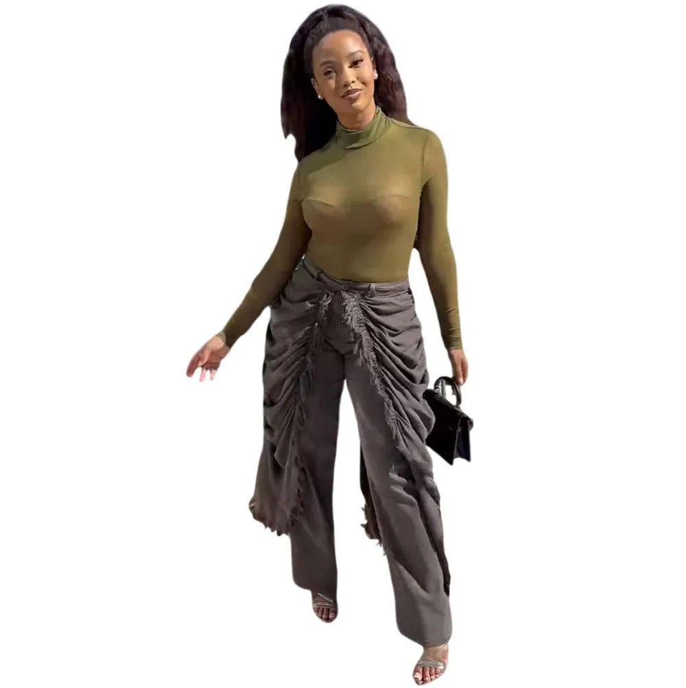 Washed Patchwork Denim Straight Pleated Pants For Women