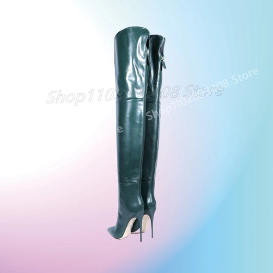 Dark Green Splicing Over the Knee Boots Matte Leather Back Zipper Stiletto High Heel Party Sexy Women Shoes 2025 Para Mujere