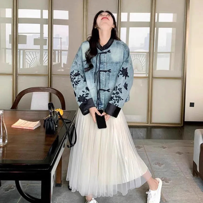Plus Size Embroidered Denim Jacket