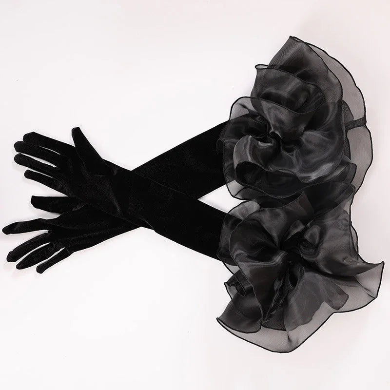 Elegant Velvet Elbow Length Ruffle Gloves for Women