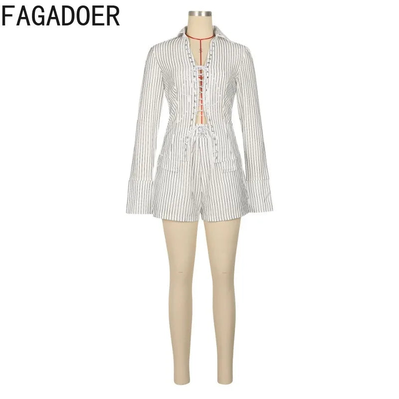 FAGADOER Sexy Stripe Patchwork 2 Piece Sets Woman Outfit Bandage Flare Sleeve Crop Top + Shorts Suit Female Streetwear Clothing