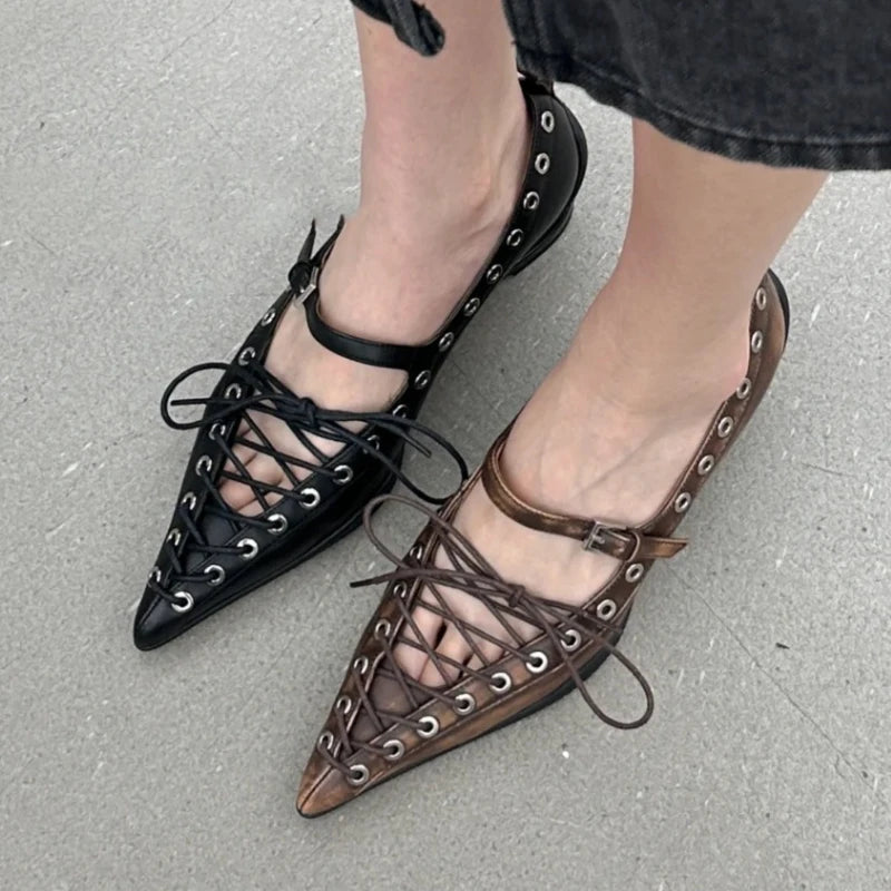 Retro Pointed Toe Lace-Up Rivet Detail Pumps for Women