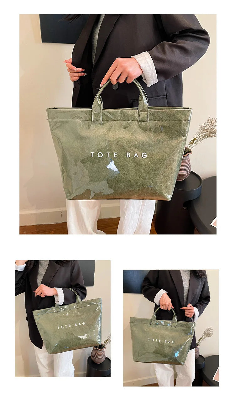 Kraft paper jelly waterproof bag, women's new retro commuting large capacity DuPont paper tote bag